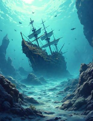 The primary subject of the image is a large, old shipwrecked sailing ship, which is surrounded by a blue ocean. The ship is situated in a cave, and there are several birds flying around it. The setting is underwater, with the shipwrecked ship being the main focus of the image. The visual style is a combination of digital art and illustration, creating a vivid and detailed scene. The colors and mood of the image are predominantly blue, which adds to the overall atmosphere of the underwater